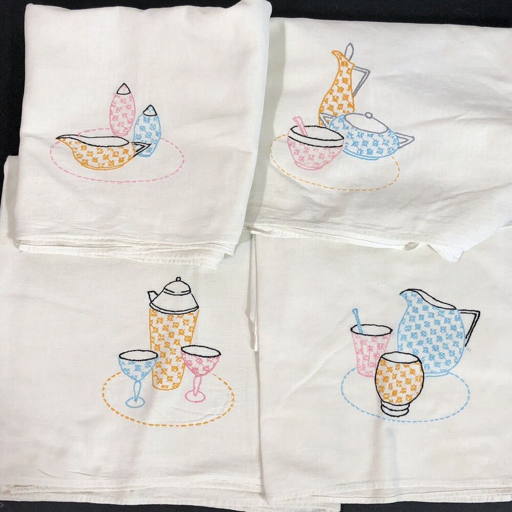 Vintage Tea Towel Set Embroidered Drinks Cocktail Pitcher Retro Pink Blue Yellow